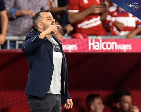 Diego Martínez, entrenador del Granada CF, dando órdenes a sus jugadores (JOSÉ M. BALDOMERO) 