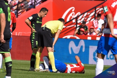 Jugador del Granada lesionado sobre el césped (JOSÉ M. BALDOMERO)