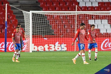 Los jugadores del Granada, cabizbajos tras encajar el primer gol en contra de la tarde (JOSÉ M. BALDOMERO)