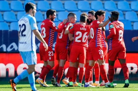 Los jugadores del Granada celebran el tanto de Fede Vico, que abrió el marcador en `La Rosaleda´ (PEPE VILLOSLADA / GCF)