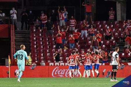 La afición del Granada pasó ante el Valencia del éxtasis a la frustración en segundos (JOSÉ M. BALDOMERO)