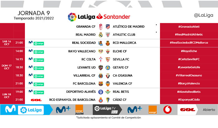 Horarios correspondientes a la novena jornada de LaLiga, en la que el Granada - Atlético de Madrid no ha sido fechado (LALIGA) Horarios correspondientes a la novena jornada de LaLiga, en la que el Granada - Atlético de Madrid no ha sido fechado (LALIGA)