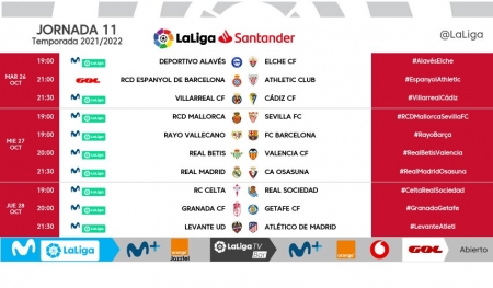 Horarios correspondientes a la undécima jornada de liga (LALIGA)