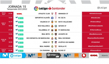 Horarios correspondientes a la jornada 15 de LaLiga Santander (LALIGA)