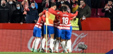 Los jugadores del Granada celebran el primer tanto de Puertas ante el Alavés (JOSÉ M. BALDOMERO)