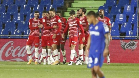 El Granada celebra el gol de Montoro que dio la victoria el Getafe la temporada pasada (MARCA)