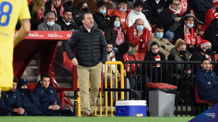 Sergio González da indicaciones a los jugadores del Cádiz durante el partido en Granada (JOSÉ M. BALDOMERO)