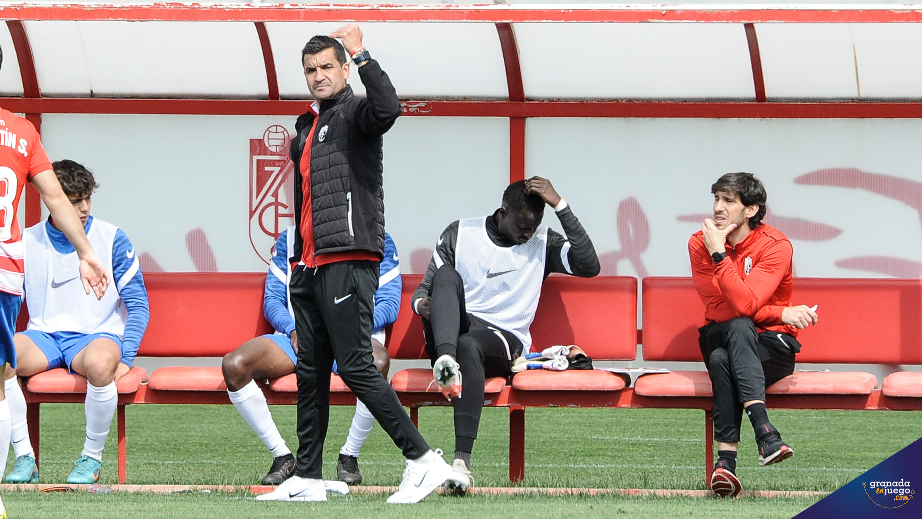 Torrecilla, con Diego Mainz en el banquillo, da indicaciones a los jugadores del Recreativo en el último partido frente al Marchamalo (JOSÉ M. BALDOMERO) Torrecilla, con Diego Mainz en el banquillo, da indicaciones a los jugadores del Recreativo en el último partido frente al Marchamalo (JOSÉ M. BALDOMERO)