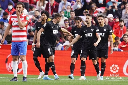 El Elche celebra su gol en `Los Cármenes` ante un abatido Germán (LALIGA)