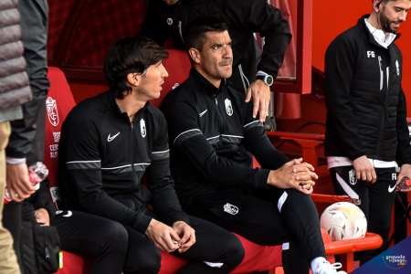 Rubén Torrecilla junto a Diego Mainz en el banquillo de `Los Cármenes` (JOSÉ M. BALDOMERO)