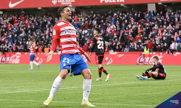 Jorge Molina celebra el primer gol del Granada ante el Rayo (JOSÉ M. BALDOMERO)