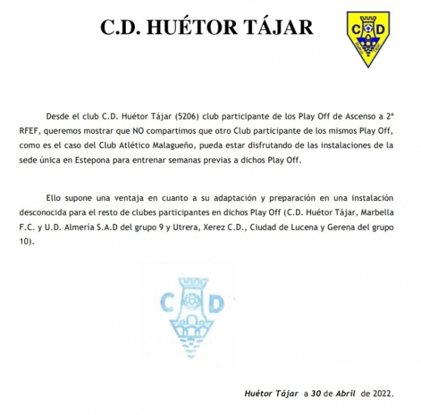 Comunicado que emitió el CD Agroisa Huétor Tájar (CD HUÉTOR TÁJAR) 