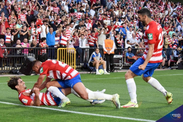 Los jugadores del Granada celebran el gol de Collado ante el Athletic (JOSÉ M. BALDOMERO)