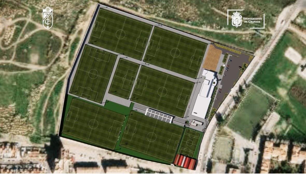 Así quedará la Ciudad Deportiva del Granada CF con los tres nuevos campos de fútbol y la pista polideportiva en la parte de abajo (GCF) Así quedará la Ciudad Deportiva del Granada CF con los tres nuevos campos de fútbol y la pista polideportiva en la parte de abajo (GCF)