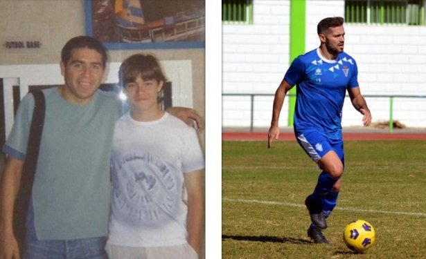 Javi Gallo, jugador del Maracena. En la imagen izquierda, posa de joven en su etapa en Villarreal junto a Juan Román Riquelme 