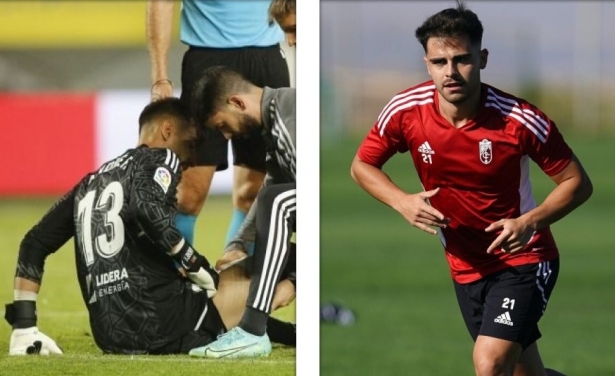 André Ferreira, en el momento de lesionarse en Gran Canaria; y Óscar Melendo, en un entrenamiento reciente (LALIGA; PEPE VILLOSLADA / GCF)