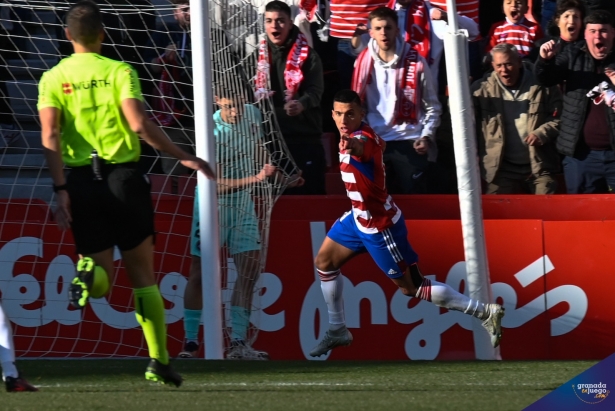 Uzuni celebra el segundo de sus dos goles ante el Andorra (JOSÉ M. BALDOMERO)