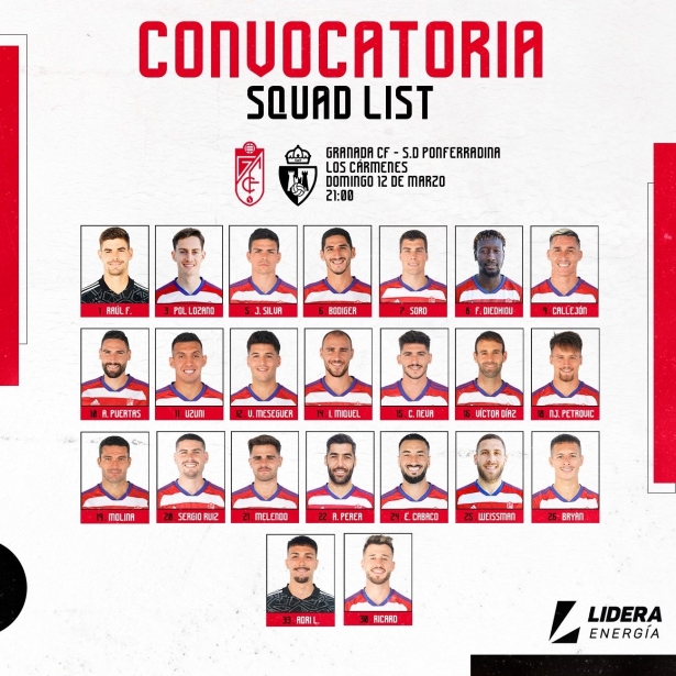 Lista de 23 jugadores para medirse a la Ponfe (@GranadaCF)