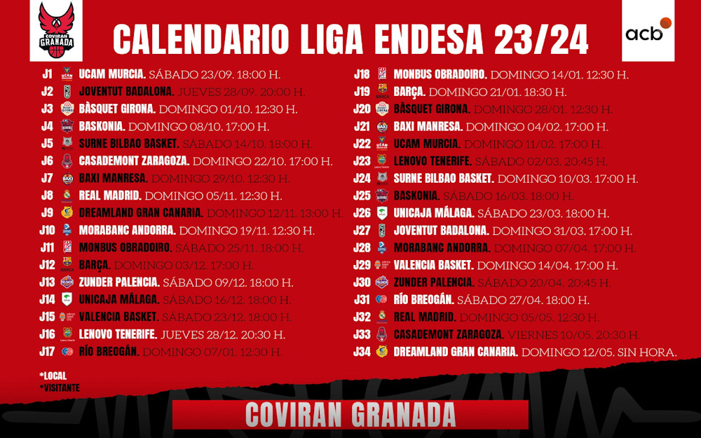 Calendario del Covirán Granada (FUNDACIÓN CB GRANADA)