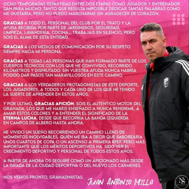 Carta de despedida de Juan Antonio Milla 