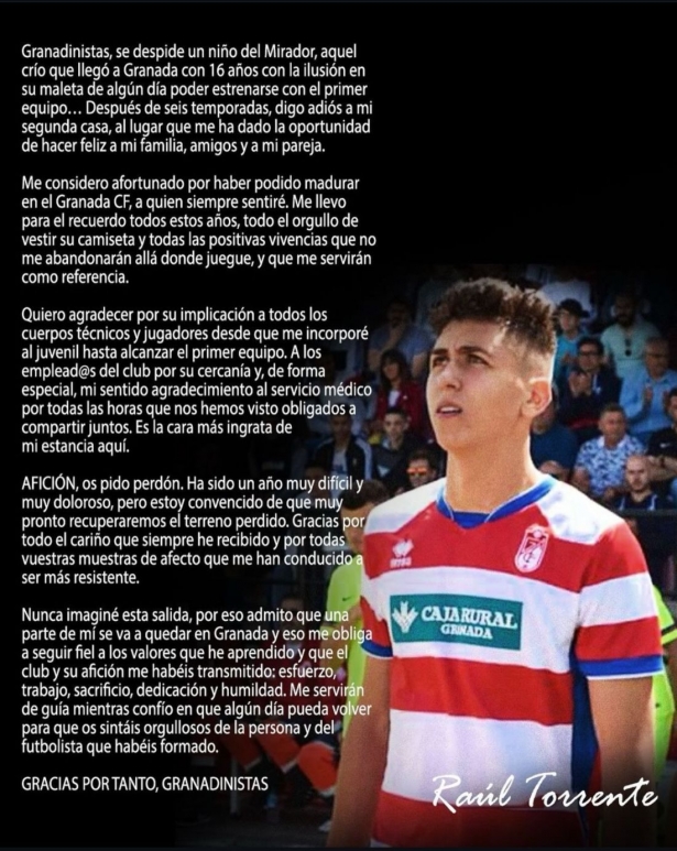 Torrente se h despedido del Granada a través de sus redes sociales (@raul_torrente_)