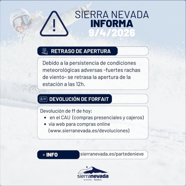 Anuncio del retraso en la apertura de la estación de esquí de Sierra Nevada, pendiente de la evolución del fuerte viento que hay en la zona (RRSS SIERRA NEVADA) Anuncio del retraso en la apertura de la estación de esquí de Sierra Nevada, pendiente de la evolución del fuerte viento que hay en la zona (RRSS SIERRA NEVADA)