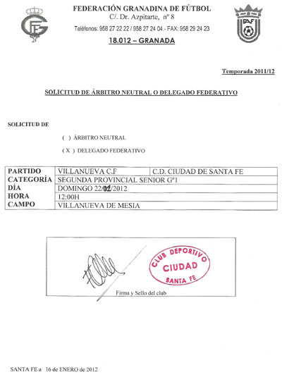 Documento presentado por el Santa Fe