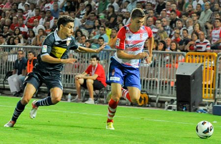 Siquiera y Navas, durante el partido de la primera vuelta. (BALDOMERO)