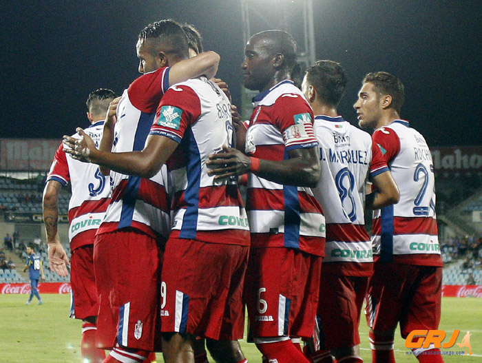 Los jugadores nazaríes celebran el primer tanto en Getafe (LOF)