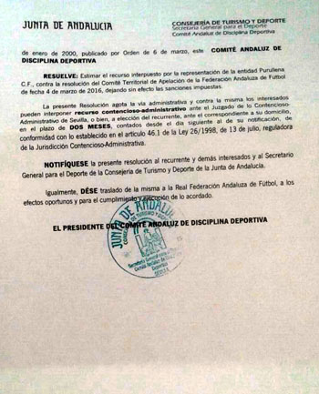 Detalle de la resolución del Comité Andaluz de Disciplina Deportiva (GRJ)
