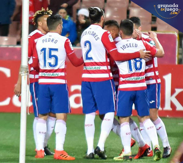 Los jugadores del Granada CF celebran el único gol del encuentro (J. M. BALDOMERO)