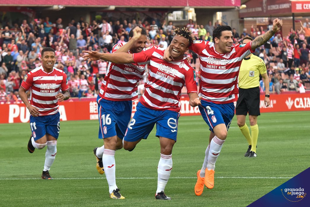 Los rojiblancos celebran un gol de Kunde anotado en el último partido (BALDOMERO)