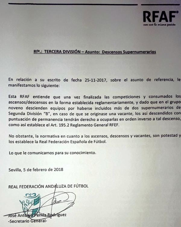 Detalle del documento que la FAF remitió al CD Huétor Vega 
