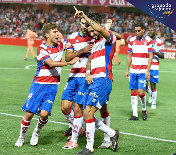 Los jugadores del Granada CF celebran el tanto de Vadillo (JOSÉ M. BALDOMERO)
