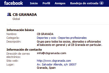 Detalle de la página del CB Granada en la red social de Facebook