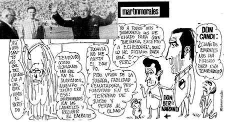 Viñeta de Martínmorales, Ideal 19-09-72. Arriba, Floro hace el saque de honor ante el Valencia