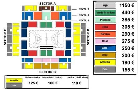 Lista de precios y ubicaciones en el Palacio de Deportes (GRJ)
