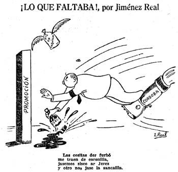 Maolico Hincha se da el batacazo al tropezar con la zancadilla cordobesa, según caricatura de Jiménez Real en Ideal de 2 de abril de 1946