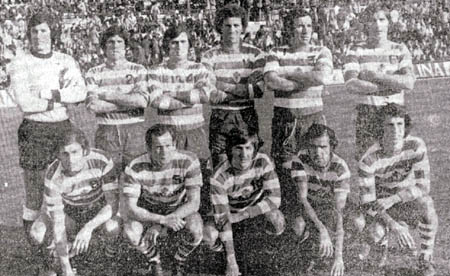 2 de marzo de 1975. Granada 2 Betis 0 (Parits y Dueñas). De pie: Izcoa, Sierra, Falito, Montero Castillo, Fernández y Ederra; agachados: Grande, Dueñas, Parits, Santi y Quiles