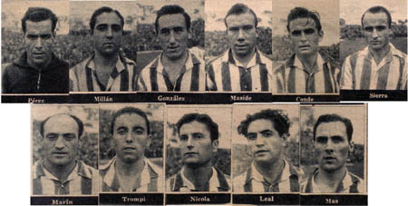 Una formación del Granada de la 1942-43: Pérez, Millán, González, Maside, Conde, Sierra, Marín, Trompi, Nicola, Leal y Mas