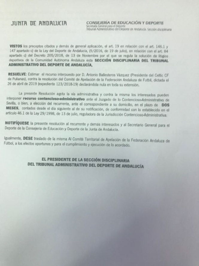 Resolución del Tada que le da la razón al Céltic
