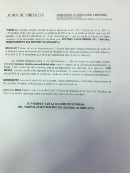 Resolución del Tada que le da la razón al Céltic Resolución del Tada que le da la razón al Céltic