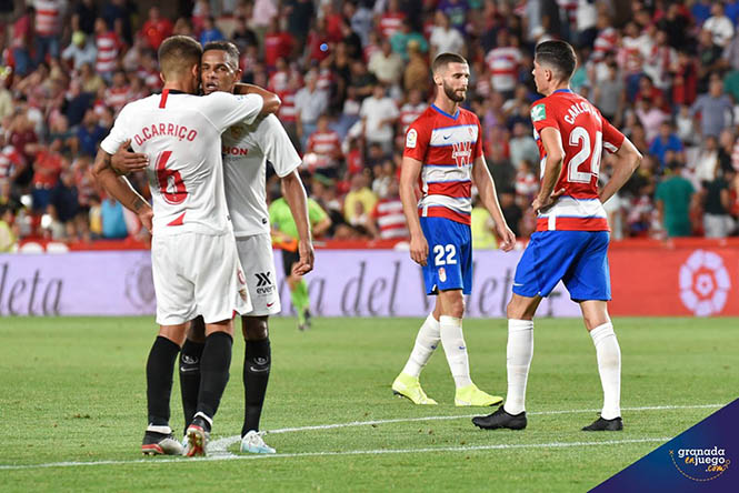 El Sevilla celebra el tanto anotado en Los Cármenes (Foto: JM Baldomero)