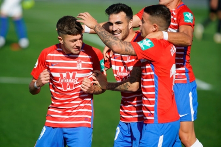 Los jugadores del Recreativo de Granada celebran uno de los goles (GRANADA CF)