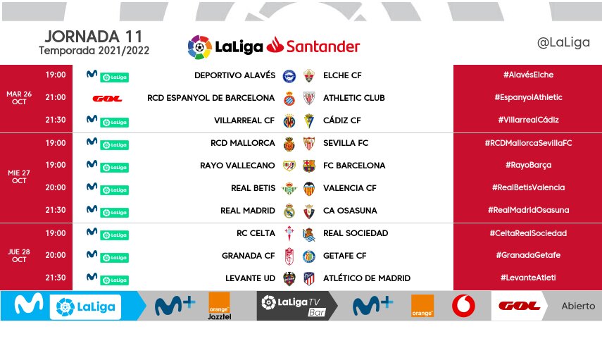 Horarios correspondientes a la undécima jornada de liga (LALIGA)