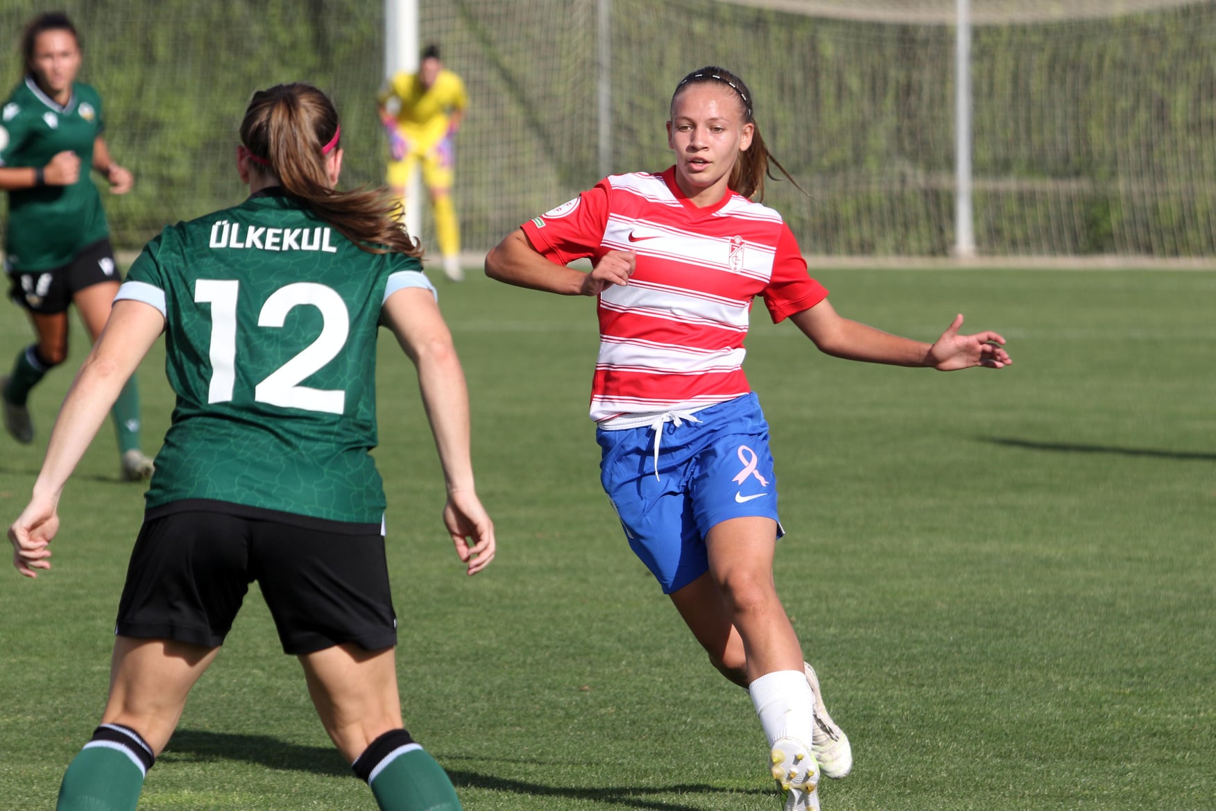 Las jugadoras del Granada Femenino llevaron un lazo rosa en sus pantalones ante el Castellón (JOSÉ VELASCO / GRJ)