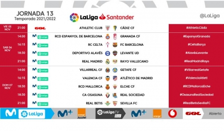 Horarios correspondientes a la jornada 13 de LaLiga Santander (LALIGA) Horarios correspondientes a la jornada 13 de LaLiga Santander (LALIGA)