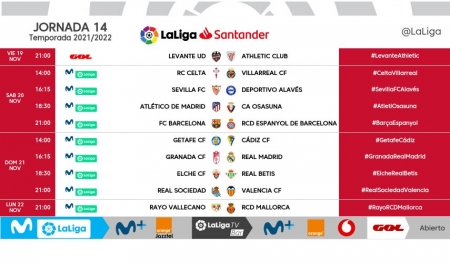 Horarios correspondientes a la jornada 14 de LaLiga Santander (LALIGA) Horarios correspondientes a la jornada 14 de LaLiga Santander (LALIGA)