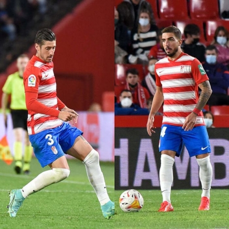 Escudero y Monchu, durante el encuentro ante el Getafe (JOSÉ M. BALDOMERO) Escudero y Monchu, durante el encuentro ante el Getafe (JOSÉ M. BALDOMERO)