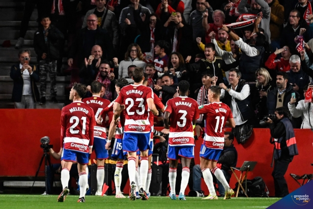 Los jugadores del Granada CF celebran el único gol local del encuentro (JOSÉ M. BALDOMERO)